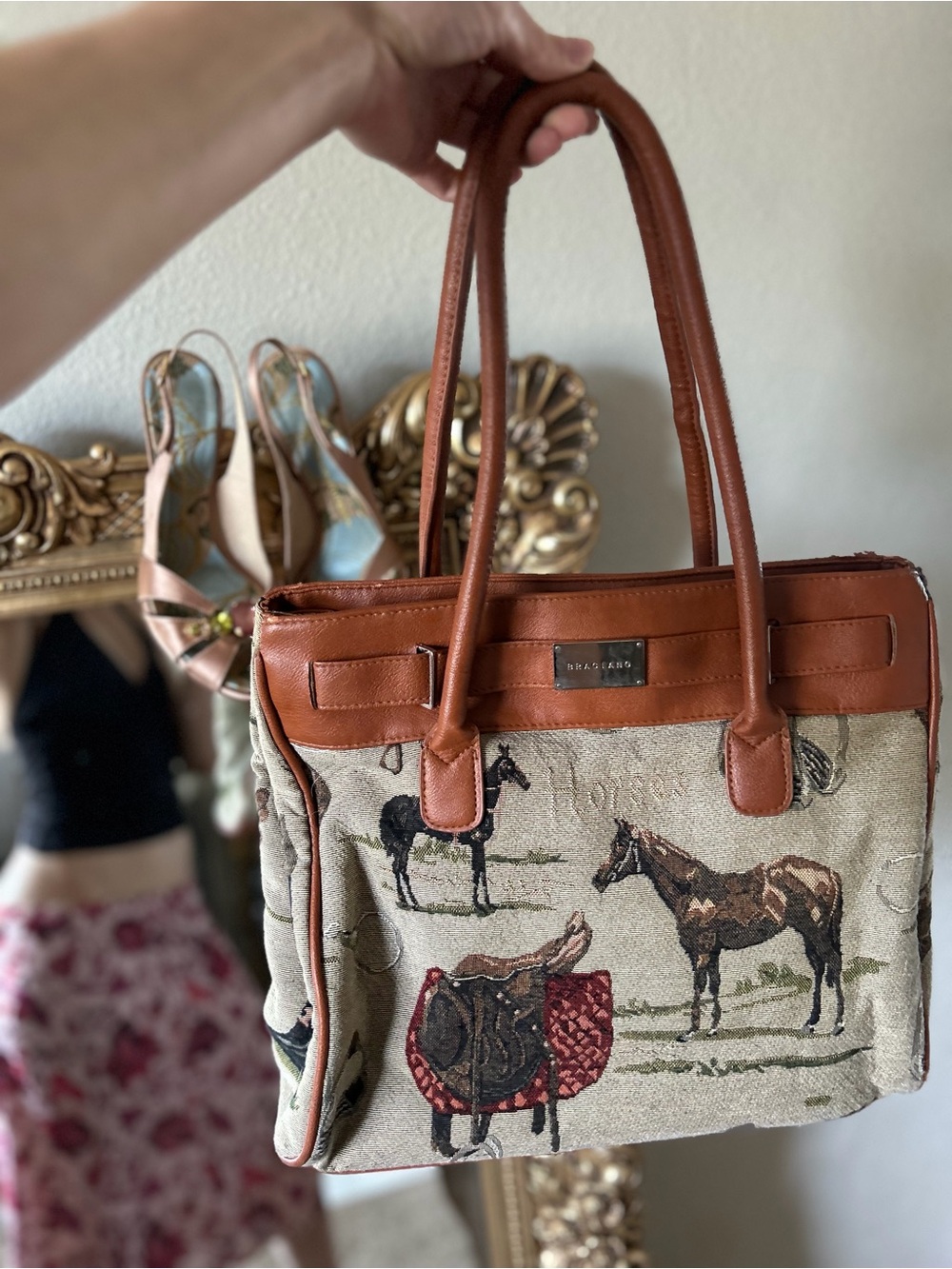 Tapestry Equestrian Tote with Tan Leather Trim